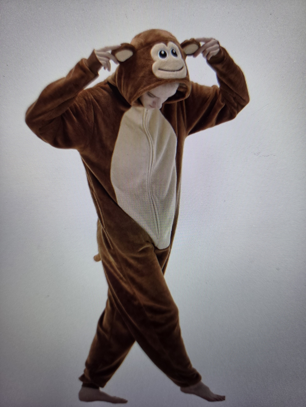 Plush Monkey Onesie Costume in Brown & Cream, Size Small